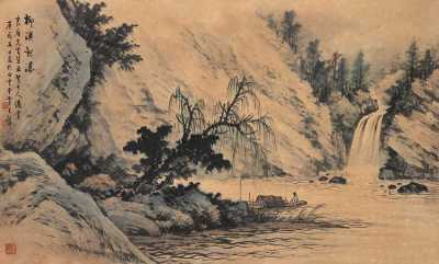 黄君璧 1970年作 柳溪观瀑图 镜心